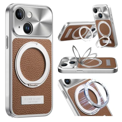 Für iPhone 15 Magnetische Hülle Ständer TPU+PC+PU Leder Litschi-Textur Handy-Rückendeckel - Braun