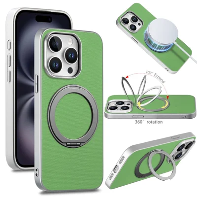 For iPhone 15 Pro Max Magnetic Case Ring Kickstand Fine Grid Texture Leather + PC + TPU Phone Cover - Green