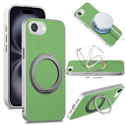 Voor iPhone 16e / 17e Magnetische Hoes Ringstandaard Fijne Rasterstructuur Leren + PC + TPU Telefoonhoes - Groen