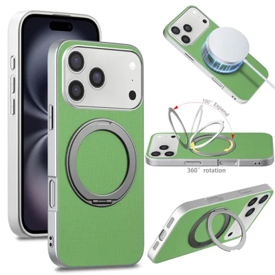 Cover magnetico con anello supporto per iPhone 17 Pro Max, custodia in pelle con texture a griglia fine + PC + TPU - Verde