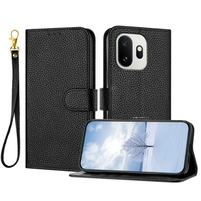  For OnePlus 15T 5G Leather Case Litchi Texture Wallet Stand Anti Drop Phone Cover with Wrist Strap - Black
