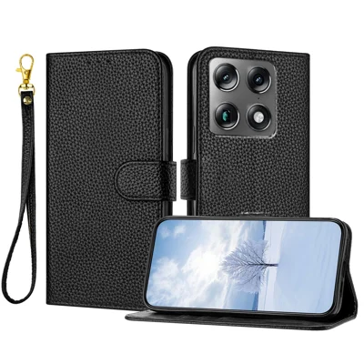 Für Motorola Edge 70 Ultra 5G / Motorola Moto X70 Air Pro 5G / Motorola Signature 5G Ledertasche Leder-Optik Brieftasche Ständer Sturzsicher mit Handschlaufe - Schwarz
