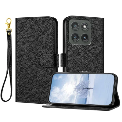Für Motorola Edge (2026) Ledertasche Litschistruktur Mappe Ständer Sturzsicherem Handyhülle mit Handschlaufe - Schwarz