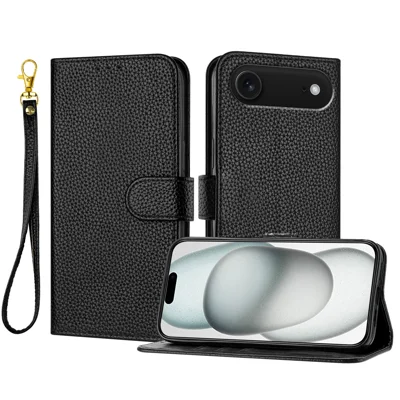 For iPhone Air Leather Case Litchi Texture Wallet Stand Anti Drop Phone Cover with Wrist Strap - Black