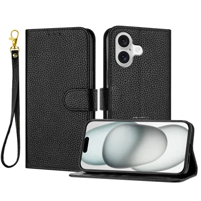  For iPhone 17 Leather Case Litchi Texture Wallet Stand Anti Drop Phone Cover with Wrist Strap - Black