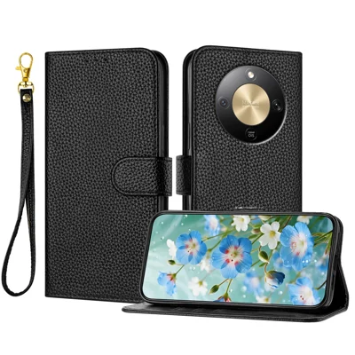 Per Honor X70 5G / Honor Magic8 Lite 5G / Honor X9d 5G Custodia in Pelle con Portafoglio, Supporto, Anticaduta, con Trama di Litchi e Cinturino da Polso - Nero