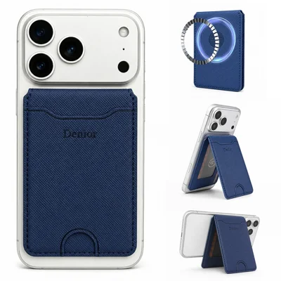 DENIOR V27 Porte-cartes magnétique avec support pliable pour iPhone 17e / Air / 17 / 17 Pro / 17 Pro Max / 16e / 16 Pro Max / 16 Pro / 16 Plus / 16 - Bleu