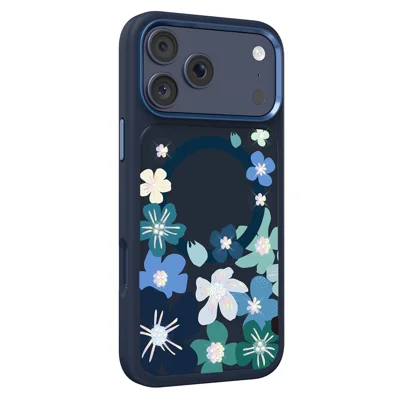 MUTURAL pour iPhone 17 Pro étui magnétique motif fleur en silicone liquide + verre + PC - Bleu foncé