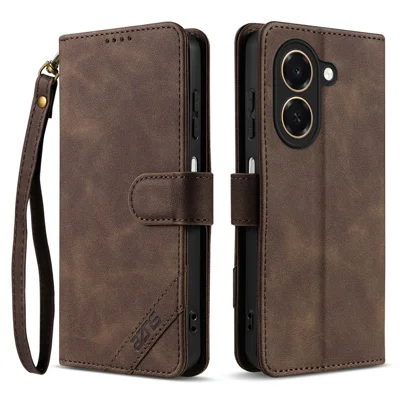 AZNS A2 for Honor Play 80 Plus 5G Leather Case with Wrist Strap RFID Blocking Wallet Stand Phone Cover - Brown