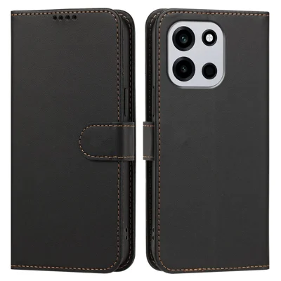 Funda de cuero para OnePlus Nord CE6 5G con soporte y billetera, funda protectora anticaídas de color sólido - Negro