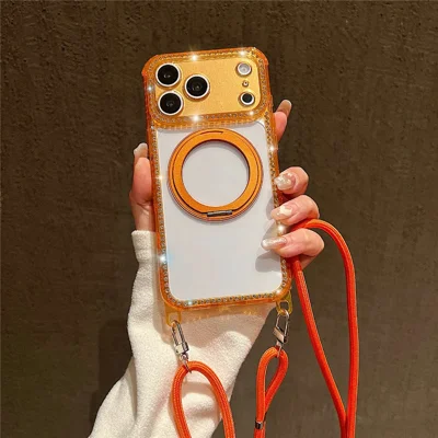 For iPhone 17 Pro Max Magnetic Case Ring Kickstand PC + TPU Rhinestones Decor Phone Cover with Shoulder Strap - Orange