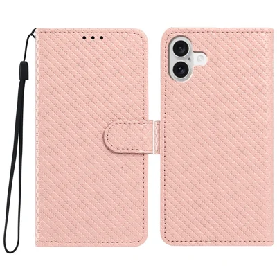 For iPhone 16 Plus Wallet Case Diamond Texture Leather Stand Flip Phone Cover with Wrist Strap - Pink