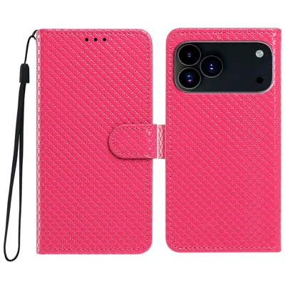 For iPhone 18 Pro Max / 17 Pro Max Wallet Case Diamond Texture Leather Stand Flip Phone Cover with Wrist Strap - Rose