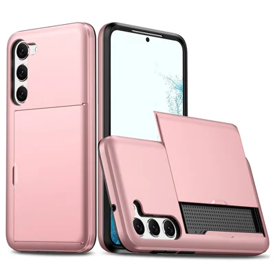 Etui antydrapieżne na telefon Samsung Galaxy S23, odporno na upadki tył z tworzywa TPU + PC z wysuwany uchwytem na karty - różowe złoto