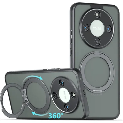 Matte Skin-touch Magnetische Hoes voor Honor X70 5G / X9d 5G / Magic8 Lite 5G, 360° Draaibare Steun Stootvrije TPU + PC Telefoonhoes - Transparant Zwart