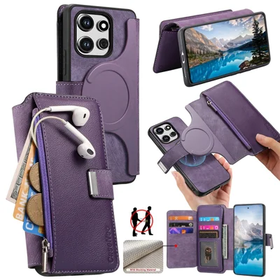 CASENEO MW-02 For Motorola Edge 60 Neo 5G / Edge 50 Neo 5G Case Detachable Magnetic Leather Flip Cover - Purple