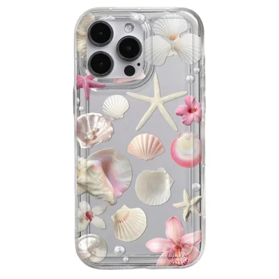 For iPhone 16 Pro Max Case Floral Starfish Shell Pattern Clear TPU Protective Phone Cover - Pink