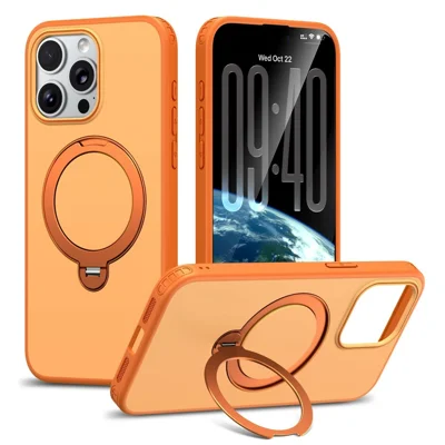 For iPhone 14 Pro Max Magnetic Case Ring Holder Kickstand PC + TPU Dual-Layer Protective Phone Cover - Orange