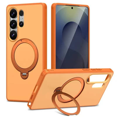 For Samsung Galaxy S24 Ultra Magnetic Case Ring Holder Kickstand PC + TPU Dual-Layer Protective Phone Cover - Orange