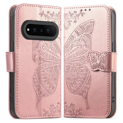 For Natural AI Phone Case with Strap Butterfly Pattern PU Leather Wallet Phone Cover - Rose Gold