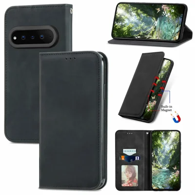 For Natural AI Phone Leather Case with Card Holder Magnetic Absorption Phone Cover - Black