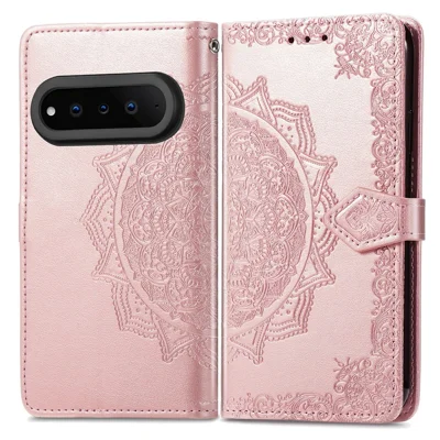 For Natural AI Phone Wallet Case Mandala Flower Leather Phone Cover Stand - Rose Gold