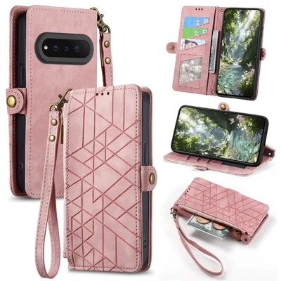 For Natural AI Phone Case Zipper Wallet Geometry Lines Leather Phone Cover with Strap - Pink