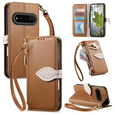 For Natural AI Phone Stand Case Leaf Shape Magnetic Clasp Leather Phone Cover with Hand Strap - Brown