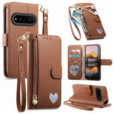 For Natural AI Phone Case Zipper Pocket TPU PU Leather Wallet Phone Cover with Strap - Brown