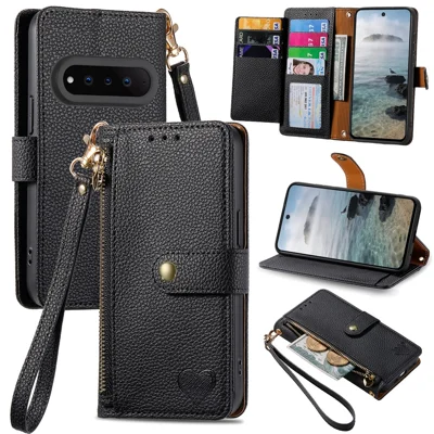 For Natural AI Phone Case RFID Blocking Zipper Pocket Leather Wallet Phone Cover with Strap - Black