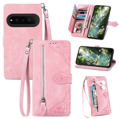 For Natural AI Phone Zipper Wallet Case with Strap Flower Imprint PU Leather Phone Cover - Pink