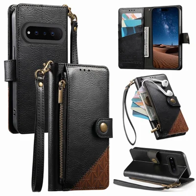 For Natural AI Phone Case Color Splicing TPU PU Leather Flip Shockproof Phone Cover with Wrist Strap - Black