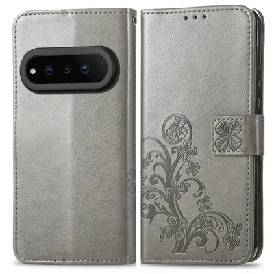 For Natural AI Phone Leather Case Four-Leaf Clover Wallet Phone Cover - Grey