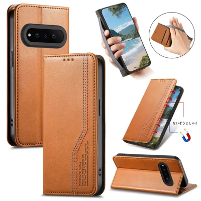 For Natural AI Phone Case Wallet Tri-Color Stitching Leather Phone Cover with Elastic Wristband - Brown