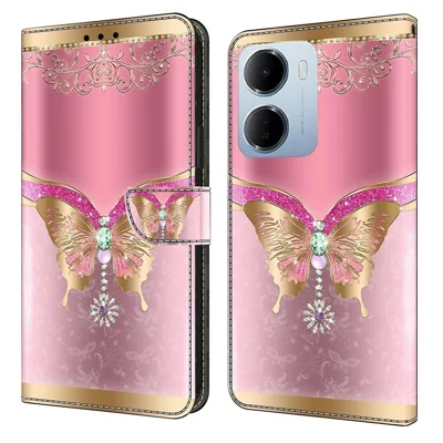 Wallet Case for Xiaomi Redmi 15a 5G / R70 5G / R70m 5G 3D Pattern PU Leather Phone Cover with Stand - Pink / Gold Butterfly