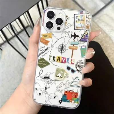 For iPhone 12 Pro Max Case Travel Map Aircraft Pattern Clear TPU Shockproof Phone Cover - Transparent