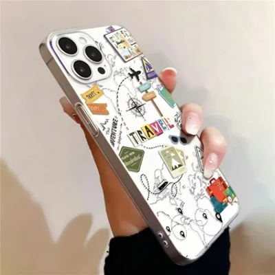Coque pour iPhone 14 Pro Max, motif carte du monde et avion, protection transparente en TPU anti-chocs - Transparent