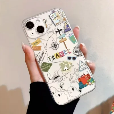For iPhone 15 Plus Case Travel Map Aircraft Pattern Clear TPU Shockproof Phone Cover - Transparent
