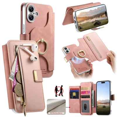 For iPhone 17 Case RFID Blocking Detachable Magnetic Leather Phone Cover with Ring Holder - Pink