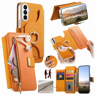 Cover per Samsung Galaxy A27 con Blocco RFID, Cover Magnetica in Pelle Staccabile con Supporto ad Anello - Arancione