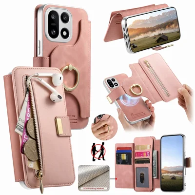 For OnePlus 15 5G Case RFID Blocking Detachable Magnetic Leather Phone Cover with Ring Holder - Pink