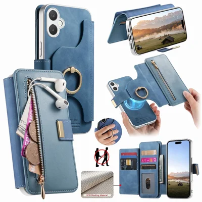 For Samsung Galaxy A08 5G / A08 4G / A07 5G / A07 4G / A07s 4G Case RFID Blocking Detachable Magnetic Leather Phone Cover with Ring Holder - Blue