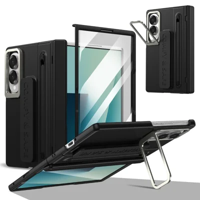 لـ Samsung Galaxy Z Fold8 غطاء واسع بإطار كاميرا ومسند غطاء هاتف صلب من مادة البولي كربونات مع فيلم زجاج مقوى / قلم - أسود