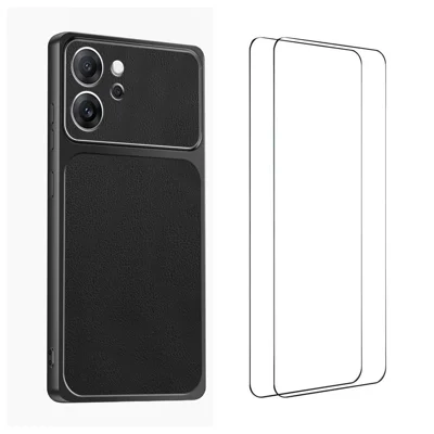 WANLONFENG para Oppo Reno14 F 5G XYP Series Capa Textura de Pele de Cordeiro PC TPU Capa para Telemóvel com Recortes Precisos com 2 Unidades de Película de Vidro Temperado - Preto