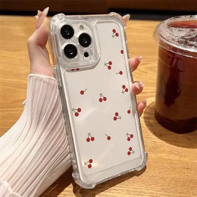 Coque pour iPhone 15 Pro Max avec motif de cerisier, protection des quatre coins, coque transparente en TPU - Cerisier