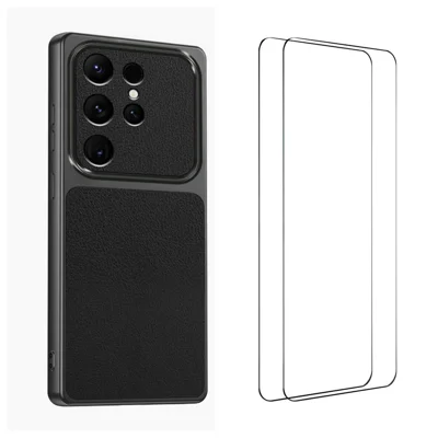  WANLONFENG for Samsung Galaxy S25 Ultra XYP Series Case Lambskin Texture PC TPU Precise Cutouts Phone Cover with 2Pcs Tempered Glass Film - Black
