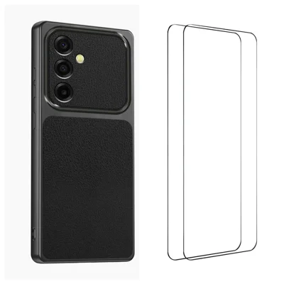 WANLONFENG لجهاز Samsung Galaxy A55 5G غطاء سلسلة XYP من جلد البولي يوريثان المطلي بنسيج جلد الحمل، غطاء هاتف من البولي كربونات والبولي يوريثان المرن مع قواطع دقيقة مزود بفيلم زجاجي مقسّى قطعتين - أسود