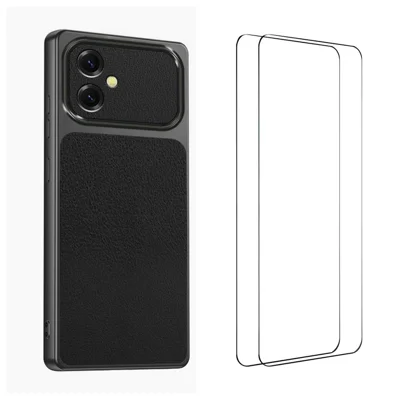  WANLONFENG for Samsung Galaxy A06 4G XYP Series Case Lambskin Texture PC TPU Precise Cutouts Phone Cover with 2Pcs Tempered Glass Film - Black