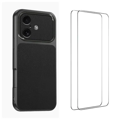 WANLONFENG para iPhone 17 Série XYP Capa Textura de Pele de Cordeiro PC TPU Capa para Telemóvel com Recortes Precisos e 2 Unidades de Película de Vidro Temperado - Preto