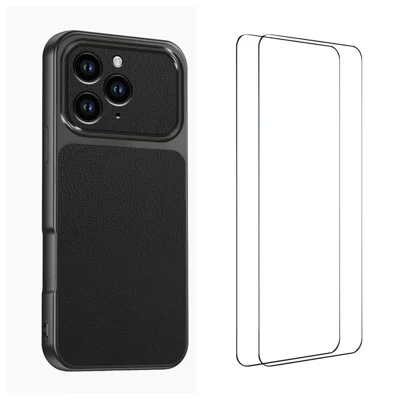 WANLONFENG para iPhone 15 Pro Max Série XYP Capa Textura de Pele de Cordeiro PC TPU Recortes Precisos Capa para Telemóvel com 2 Unidades de Película de Vidro Temperado - Preto